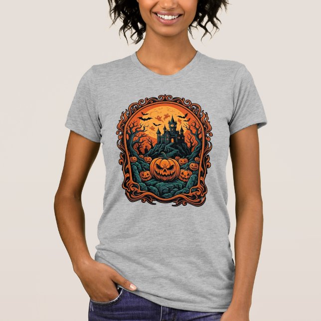 Camiseta Abóbora de Halloween Casa Assombrada Lua Cheia Mor (Frente)