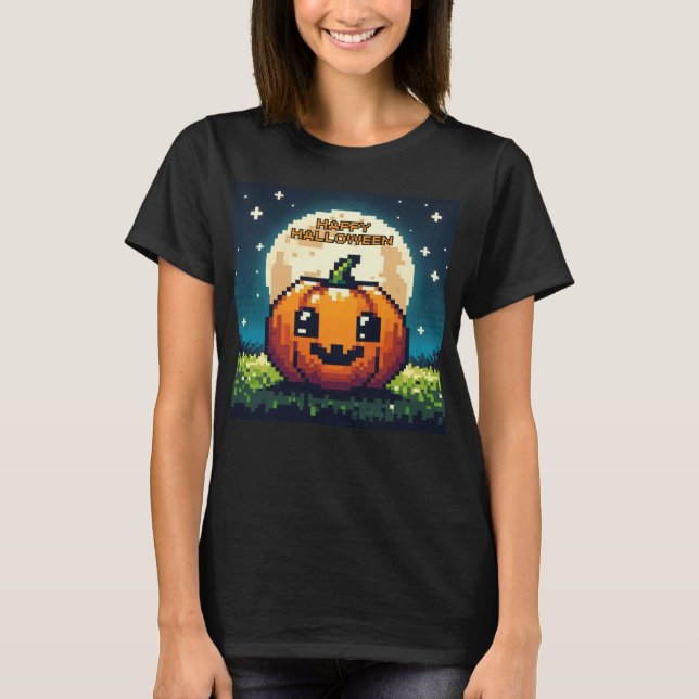 Camiseta Abóbora de Halloween de 8 bits sob a lua (Frente)