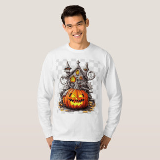 Camiseta Abóbora de Halloween em frente à Casa Decorada