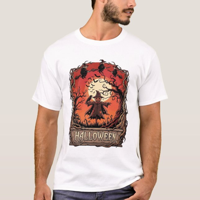 Camiseta Abóbora de Halloween Espantalho Bruxas Lua Cheia_1 (Frente)