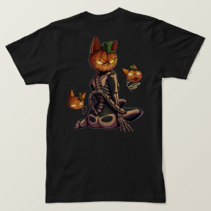 Camiseta Abóbora de Halloween Esqueleto de Gato Assustador