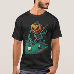 Camiseta Abóbora de Halloween Esqueleto Jogando Bilhar