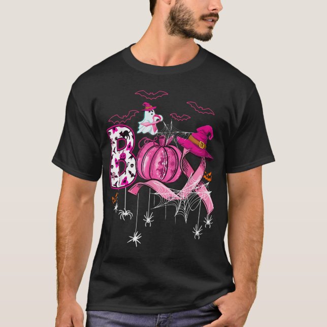 Camiseta Abóbora de Halloween Fita Rosa Bruxa Seio  (Frente)