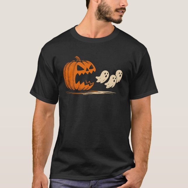Camiseta Abóbora de Halloween Fofa Come Fantasmas Divertido (Frente)