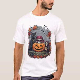 Camiseta Abóbora de Halloween Gato Caveira Ceifador Outono