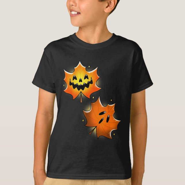 Camiseta Abóbora de Jack-O-Lantern Assustadora Folha de Bor (Frente)
