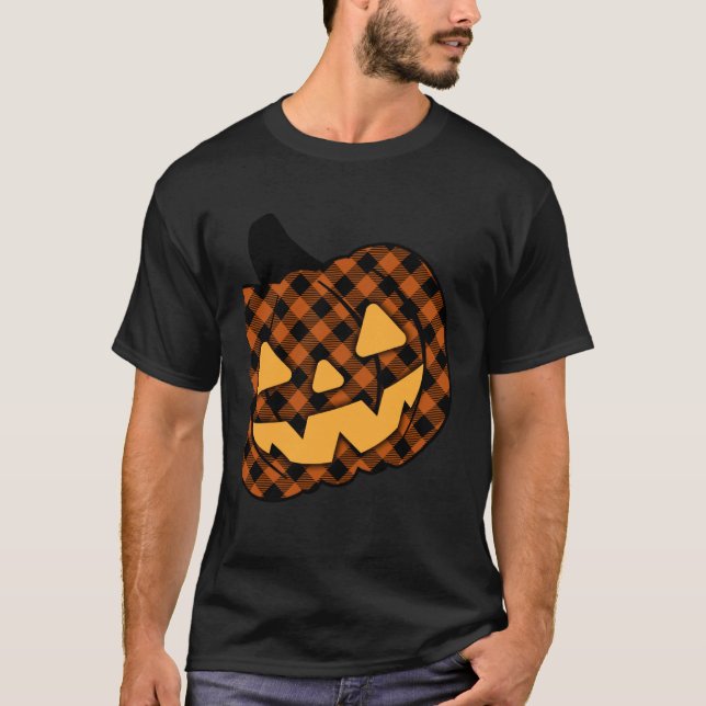 Camiseta Abóbora de outono fofa Jack-O-Lantern Xadrez Búfal (Frente)