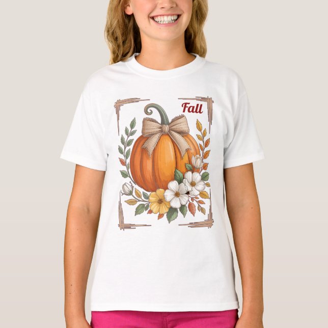 Camiseta Abóbora de Outono Rústico Arco de aniagem Flores S (Frente)