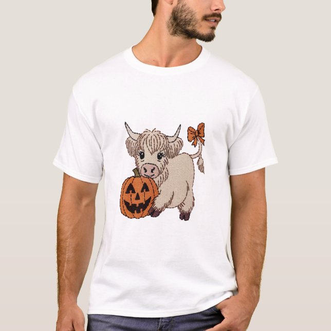 Camiseta Abóbora de Vaca das Terras Altas de Halloween (Frente)