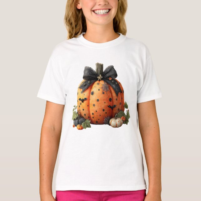 Camiseta Abóbora Elegante de Halloween com Arco Preto (Frente)