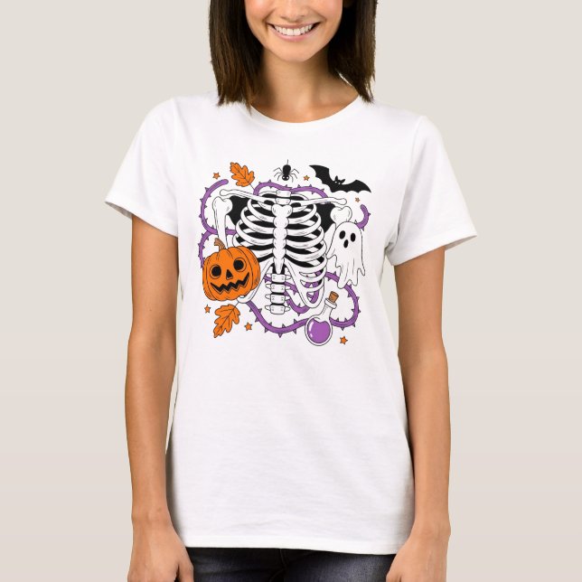Camiseta Abóbora Esqueleto de Halloween Gótico Assustador S (Frente)