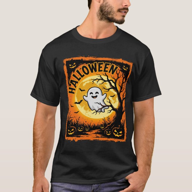 Camiseta Abóbora Fantasma de Halloween Árvore Assombrada (Frente)