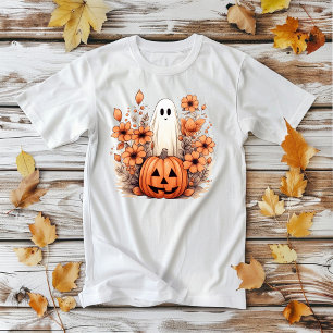 Camiseta Abóbora Fantasma Floral de Halloween