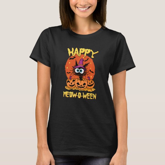 Camiseta Abóbora Gato Lua Feliz Meow O Ween Dia das Bruxas (Frente)