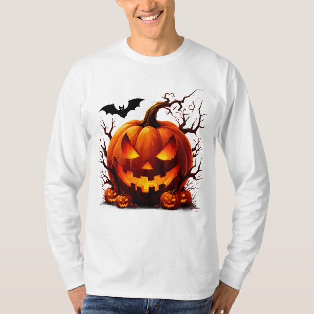 Camiseta Abóbora Jack O Lantern Assombrada Com Olhos Brilha (Frente)