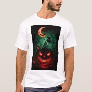 Camiseta Abóbora Maligna Sob a Lua de Sangue Bruxa Voando