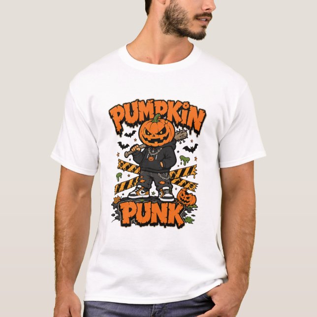 Camiseta Abóbora Punk Monstro de Rua de Halloween (Frente)