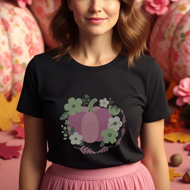 Camiseta Abóbora rosa pastosa com flores verdes e brancas (Criador carregado)