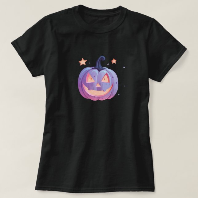 Camiseta Abóbora Roxa Pastel Gótica com Estrelas (Frente do Design)