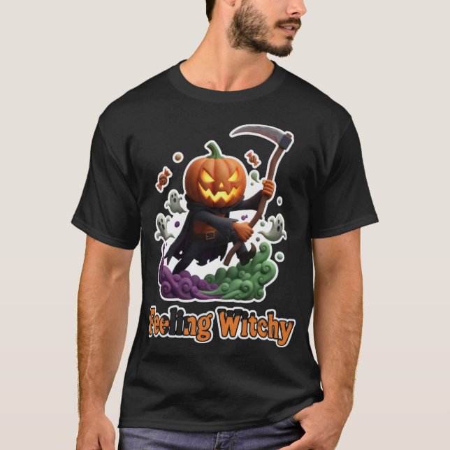 Camiseta Abóbora sinistra da ceifadora com fantasmas e ca (Frente)
