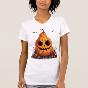 Camiseta Abóbora Sorridente Com uma Expressão Sinistra