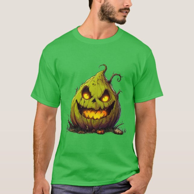 Camiseta Abóbora Spooky Jack O'Lantern com Olhos Brilhantes (Frente)