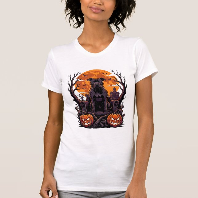 Camiseta Abóbora Trono Pitbull Preto Halloween Lua Cheia_ (Frente)