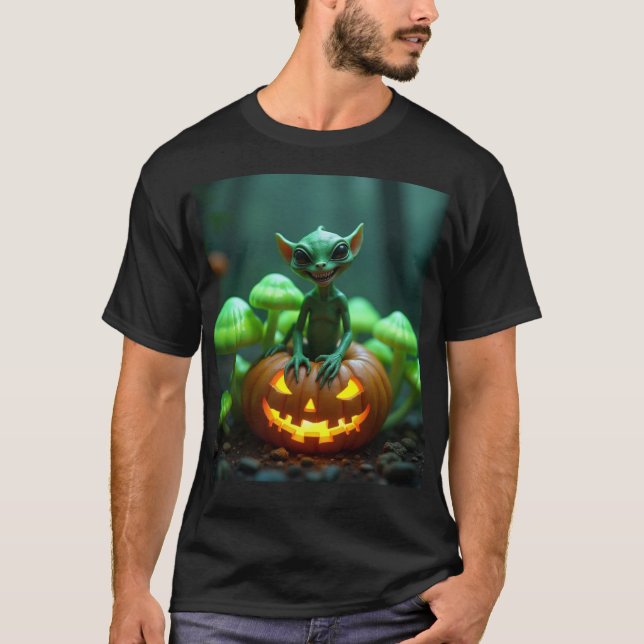 Camiseta Abóbora verde e alienígena de Halloween (Frente)
