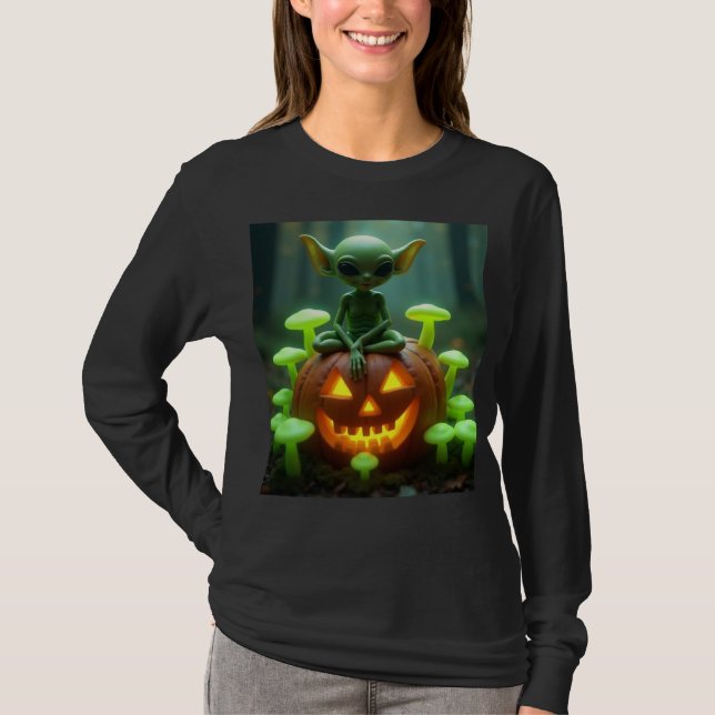 Camiseta Abóbora verde e alienígena de Halloween (Frente)