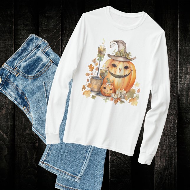 Camiseta Abóboras bonitas com Arcos, velas e hastes (Two cute pumpkins with bows and fall leaves t- shirt.  Awesome for fall season and Halloween. )