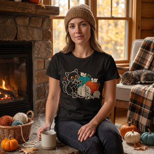 Camiseta Abóboras de Crochê de Gato Preto Fofo de Halloween