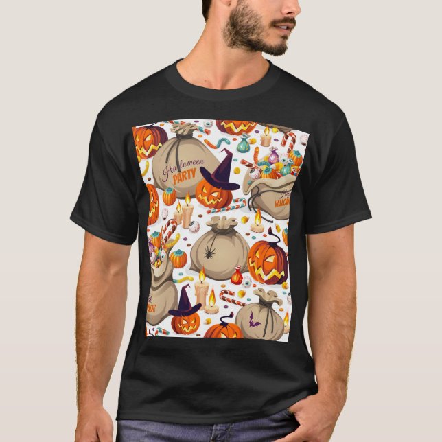 Camiseta Abóboras de Halloween, doces coloridos, patas sem  (Frente)