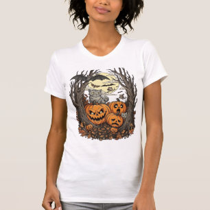 Camiseta Abóboras de Halloween Gato Cinza Morcego Lua Cheia