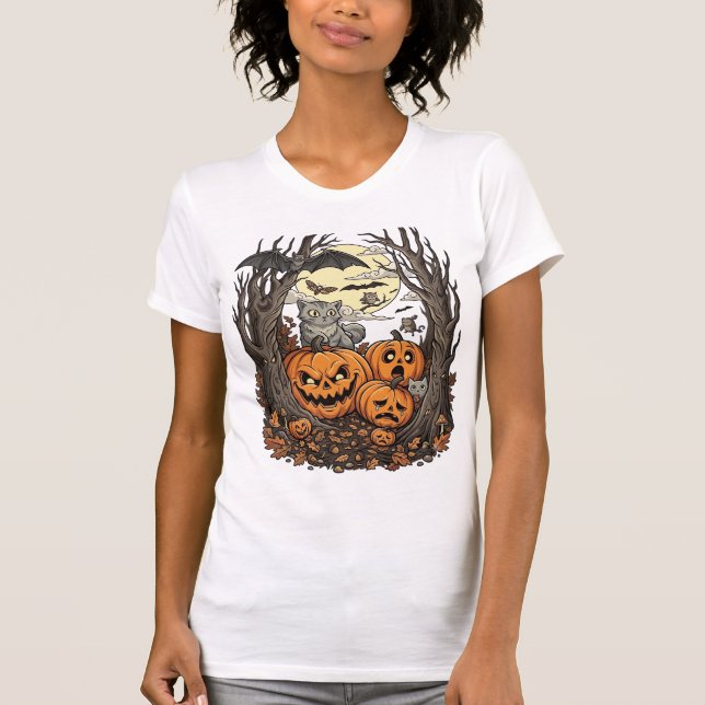 Camiseta Abóboras de Halloween Gato Cinza Morcego Lua Cheia (Frente)