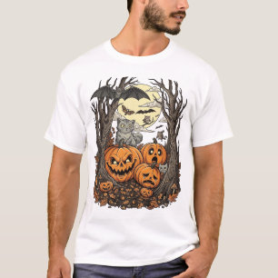 Camiseta Abóboras de Halloween Gato Cinza Morcego Lua Cheia