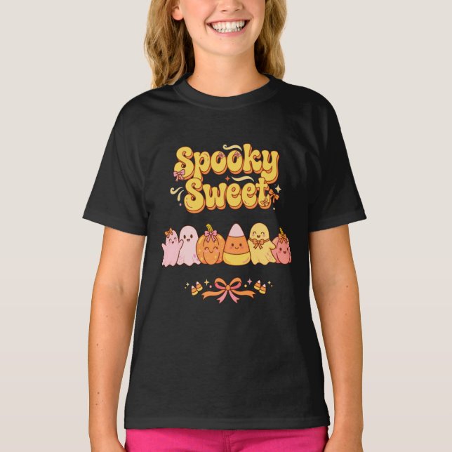 Camiseta Abóboras Fantasmas Doces Assustadores Tigrado Arco (Frente)