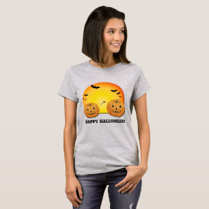Camiseta Abóboras Morcegos Laranja Lua Feliz Halloween