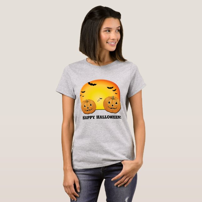 Camiseta Abóboras Morcegos Laranja Lua Feliz Halloween (Frente Completa)