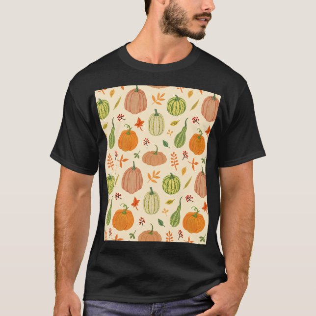 Camiseta Abóboras verdes e laranja, padrão perfeito. (Frente)