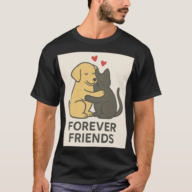 Camiseta Abraçando Gato e Cachorro Amigos para Sem (Frente)