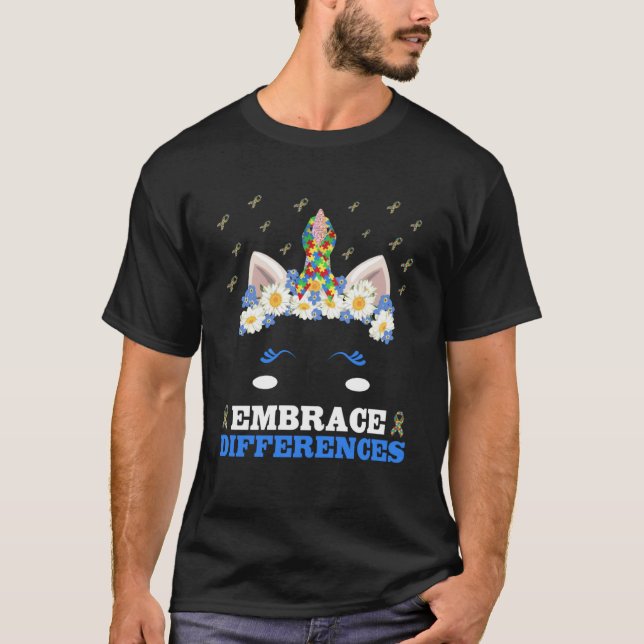 Camiseta Abrace diferenças Unicorn Face Quebra-cabeça Autis (Frente)