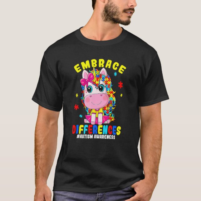 Camiseta Abrace Diferenças Unicórnio Peça de Quebra-cabeça  (Frente)