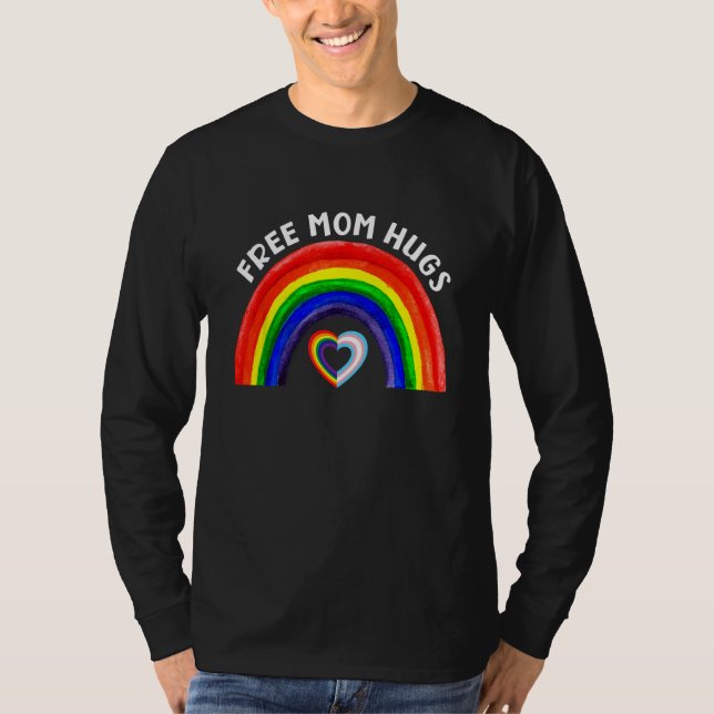 Camiseta Abraços de Mãe Gratuitos Bandeira LGBT Arco-Íris e (Frente)