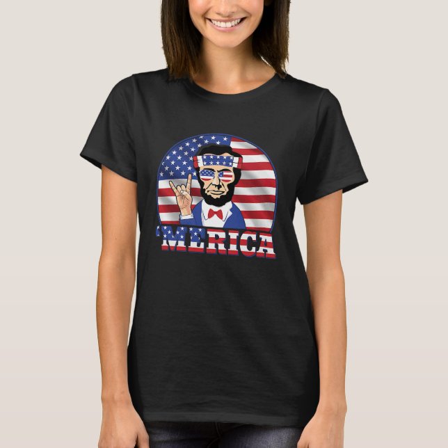 Camiseta Abraham Lincoln 4 de julho American Flag Rock On (Frente)