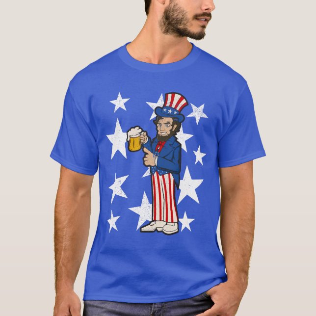 Camiseta Abraham Lincoln Bebendo A Beer Engraçado 4 de julh (Frente)