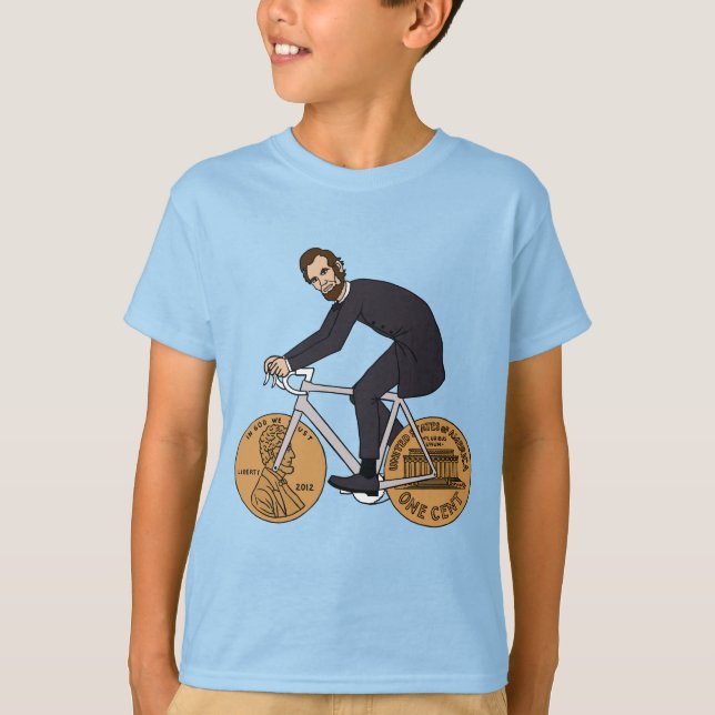 Camiseta Abraham Lincoln em uma bicicleta com moeda de um (Frente)