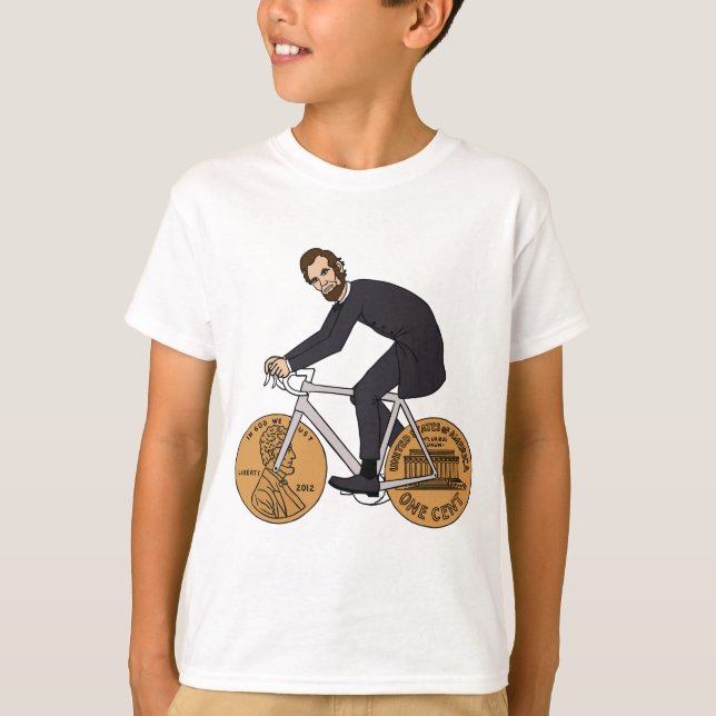 Camiseta Abraham Lincoln em uma bicicleta com moeda de um (Frente)