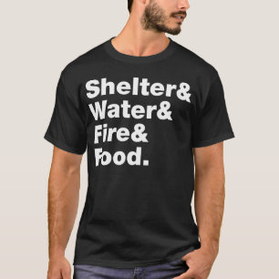 Camiseta Abrigo de Sobrevivência Água Fogo Comida garoto do