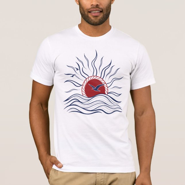 Camiseta Abstract Sunset Illustration with Birds and Waves  (Frente)