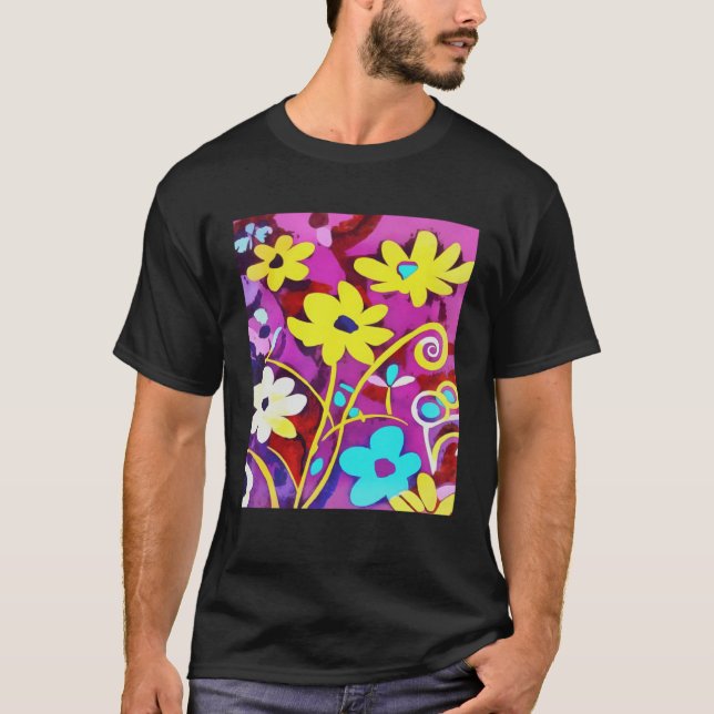 Camiseta Abstract Yellow Flowers On Viva Magenta (Frente)
